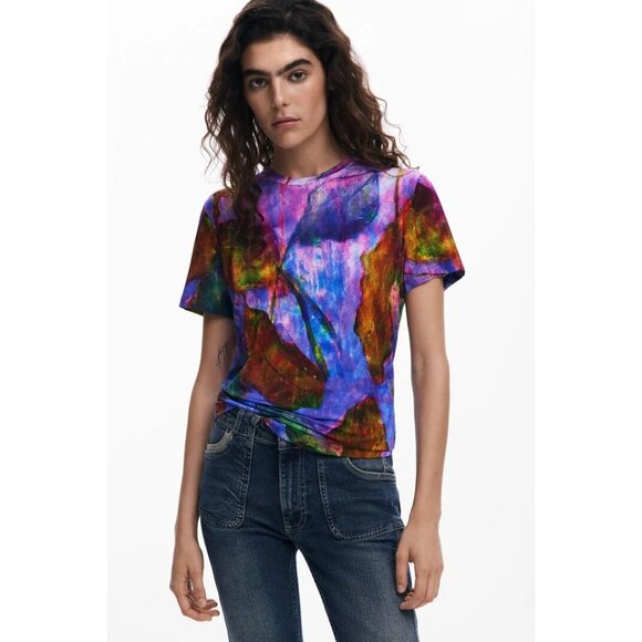 Desigual Leaf Print Multicolor Viscose Short Sleeve T Shirt Size S - Picture 1 of 8
